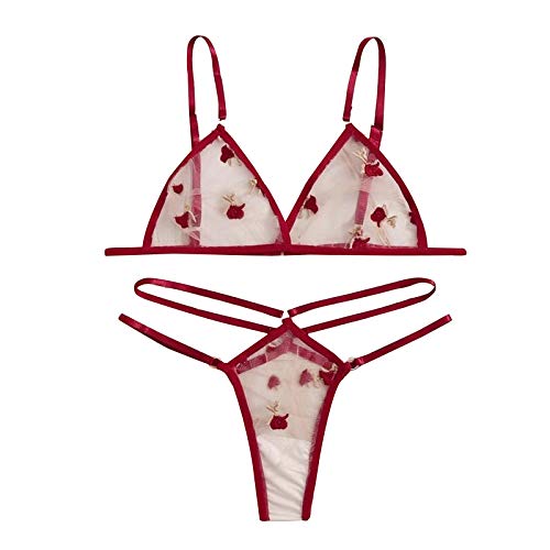 HINK Mujeres Íntimas, Mujeres Íntimas, Femenina Transparente Encaje Bordado Conjunto de Ropa Interior con Tirantes Rojo XL