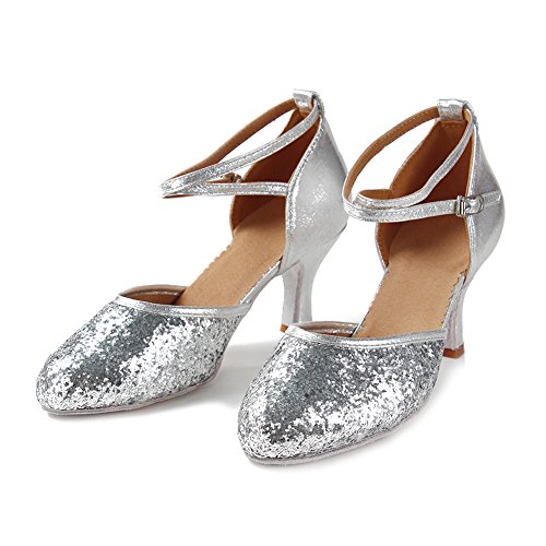 HIPPOSEUS Zapatos de Baile de Lentejuelas de Plata para Mujer con Dedos Cerrados Zapatos de Baile de práctica Zapatos de Baile de Boda estándar, Modelo WX-CL, Plata Color,EU 37/4.5 UK