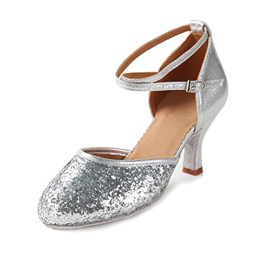 HIPPOSEUS Zapatos de Baile de Lentejuelas de Plata para Mujer con Dedos Cerrados Zapatos de Baile de práctica Zapatos de Baile de Boda estándar, Modelo WX-CL, Plata Color,EU 37/4.5 UK