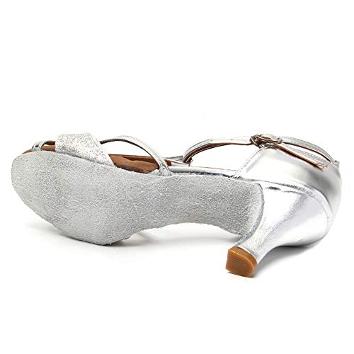 HIPPOSEUS Zapatos de Baile Latino con Correa en T para Mujer Zapatos de práctica de Baile de salón de Cuero de Lentejuelas,Plateado,37.5 EU