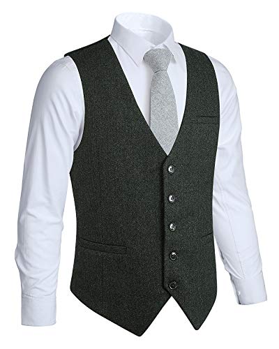 HISDERN Chaleco Formal de Boda para Hombre 5 Botones Chaleco de Lana Chaleco de Tweed en Espiga Chaleco de Traje