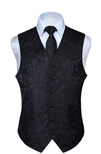 HISDERN Chaleco y Corbata de Jacquard Floral Paisley Clasico para Hombre y Traje de Chaleco Cuadrado de Bolsillo