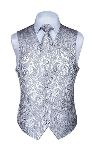 HISDERN Chaleco y Corbata de Jacquard Floral Paisley Clasico para Hombre y Traje de Chaleco Cuadrado de Bolsillo