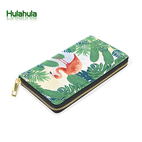 Hoja Verde Rosa Flamenco Monedero Cremallera Billetera de Cuero Real Patrón Impresión Bolso para Niño Mujeres Teléfono Chica Hombre