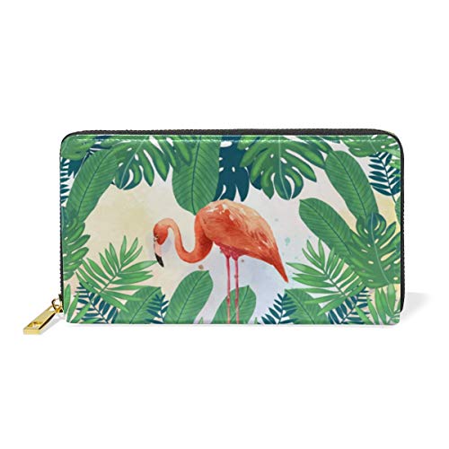 Hoja Verde Rosa Flamenco Monedero Cremallera Billetera de Cuero Real Patrón Impresión Bolso para Niño Mujeres Teléfono Chica Hombre