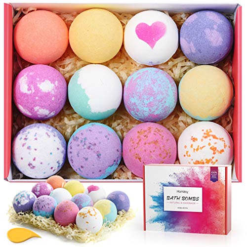 Homasy 12 Piezas Bombas de Baño, Set de Regalo de Bomba de Baño de con Aceites Esenciales Naturales, Manteca de Karité, Sal Marina, Efervescentes de Burbujas SPA para Niños, Mujeres, Mamá, Novia
