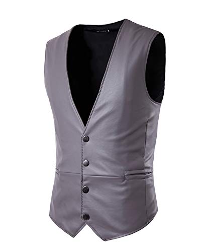 Hombre Chaleco Piel Sintética Slim Fit Traje de Vestir Blazer Sin Manga Gris L