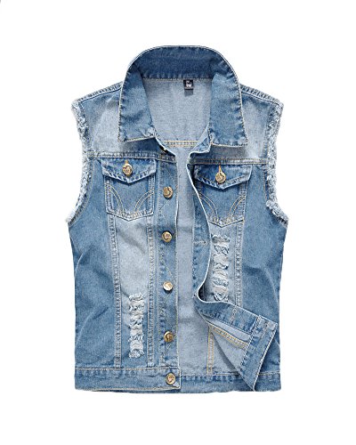 Hombre Clásico Chaleco Sins Mangas De Mezclilla Chaleco Jean Chaqueta De Vaquero Azul Claro XL
