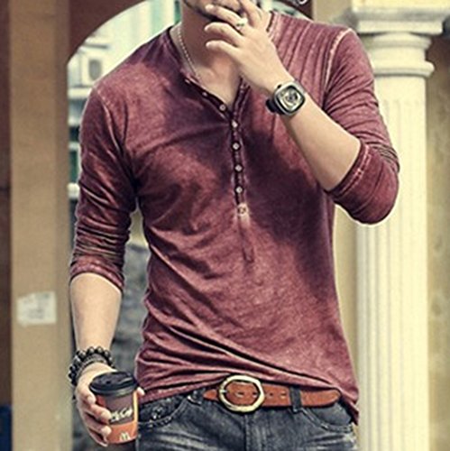 Hombre Cuello En V Camisetas Manga Larga Botón En Slim para Camisa Ocio Color Sólido La Moda Blusa Superior Retro Henley Camisas 3 Colores M-3XL