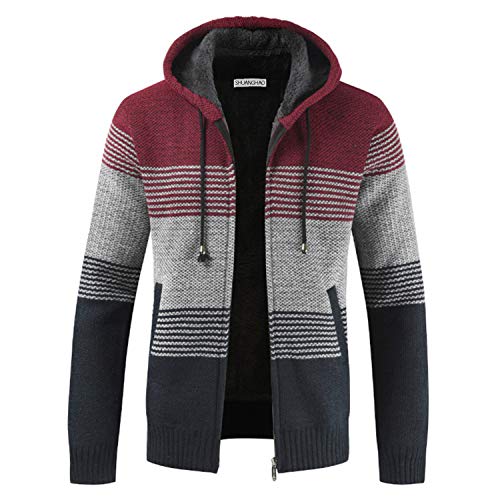 Hombre de Lana con Capucha Suéter Jerséis de Punto Grueso para Hombre Casual Invierno,CáRdigan Cardigan Sudadera con Cremallera Completa Suéte Jersey de Punto para Hombre (XL, Rojo)