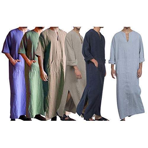 Hombre Musulmanes Kaftan Etnico Retro Robes Manga Corta Suelto Túnicas Lateral De Hendidura Color Sólido Larga Camisa Arabe Dubai Islámico Thobe