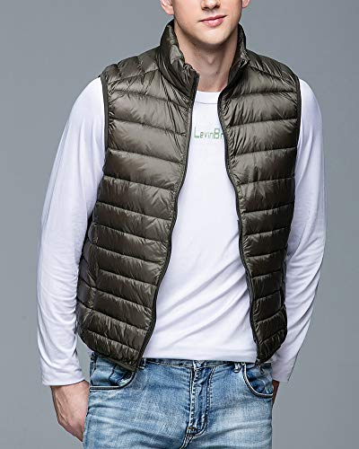 Hombre Plegable Portátil Abrigo Chaleco de Pluma， Ultraligero Chaqueta de Plumón Sin Mangas Verde del Ejército 2XL