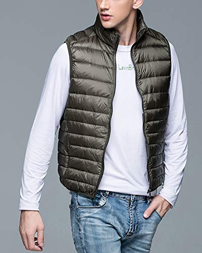 Hombre Plegable Portátil Abrigo Chaleco de Pluma， Ultraligero Chaqueta de Plumón Sin Mangas Verde del Ejército 2XL