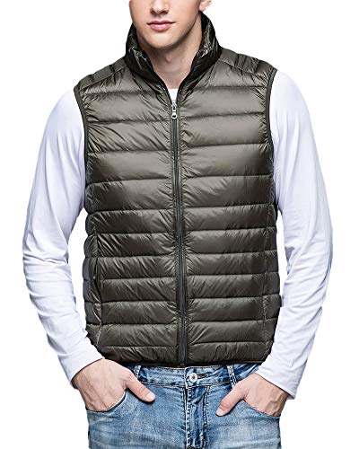 Hombre Plegable Portátil Abrigo Chaleco de Pluma， Ultraligero Chaqueta de Plumón Sin Mangas Verde del Ejército 2XL