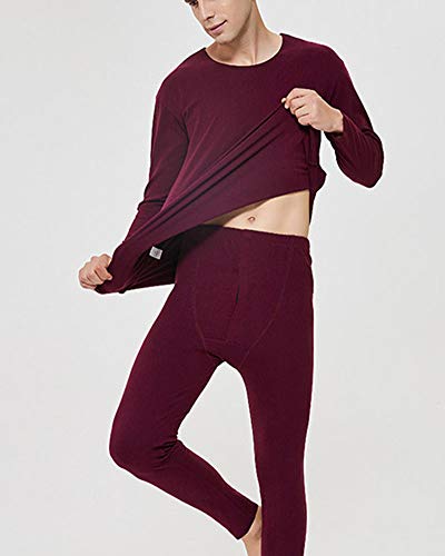 Hombres Invierno cálido Esquí Traje de Ropa Interior Térmica Manga Larga Cuello Redondo Camiseta Interior y Pantalón para Correr, Esquiar, Ciclismo, Entrenamiento Wine Rojo XXL