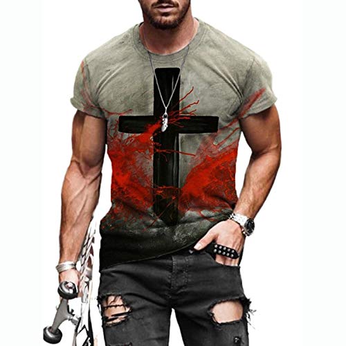 Hombres Pintura al óleo Fe Jesús Cruz Print Camisetas Vintage Casual Manga Corta Camisas Cristianas Elegante Calle Gráfico Tees Tie Dye Cuello Redondo Tops (F,L)