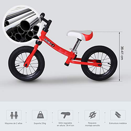 HOMCOM Bicicleta sin Pedales Sillín Regulable 31-45cm Recomendado para niños + 2 Años Rueda de Goma Carga 25kg 65x33x46cm Rojo