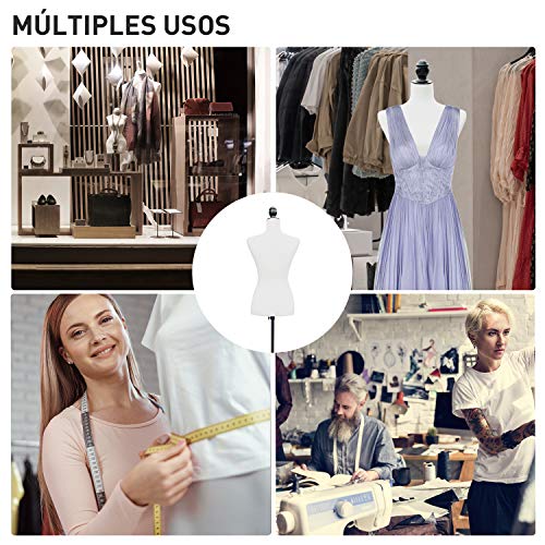 HOMCOM Maniquí Femenino de Costura Busto de Señora para Modistas Exhibición Altura Ajustable a 130-168cm Blanco