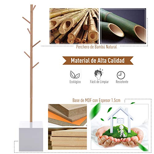 HOMCOM Perchero de Pie con Zapatero Colgador Tipo Árbol Moderno 6 Ganchos para Colgar Ropa Bolsa Banco con Almacenamiento Pasillo Entrada Bambú y MDF 40x30x180cm