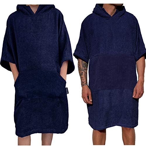 HOMELEVEL Poncho de surf unisex 100 % algodón, poncho de playa, poncho de baño, poncho, toalla de playa, toalla de rizo con capucha azul oscuro S-M