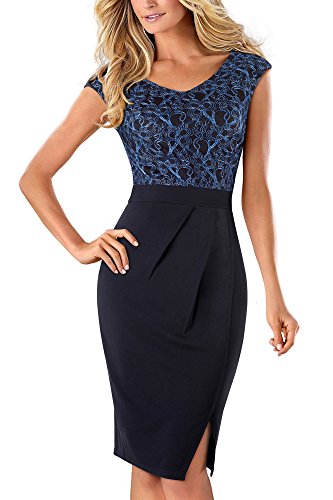 HOMEYEE Elegante con Cuello en V sin Mangas Floral Bordado Partido hasta la Rodilla Bodycon Vestido de cóctel B431(EU 38 = Size M,Negro)