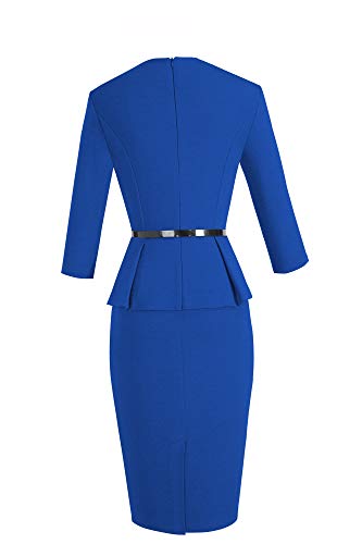 HOMEYEE Negocio Vestido de Mujer Cuello Redondo Peplo Cinturón B473 (EU 40 = Size L, Azul)