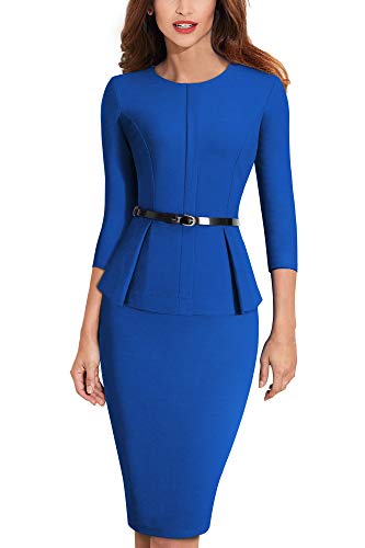 HOMEYEE Negocio Vestido de Mujer Cuello Redondo Peplo Cinturón B473 (EU 40 = Size L, Azul)