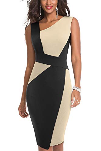HOMEYEE Vestido sin Mangas de Negocios con Contraste en Color elástico Vintage de Mujer B517 (EU 40 = Size L, Albaricoque + Negro)