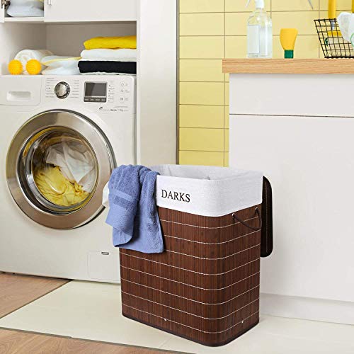 Homfa Cesto para la Colada Pelegable con 2 Compartimientos Cesta para Ropa Sucia con Tapa y Bolsa Extraíble Cesta de Lavandería de Bambú 100L 54 x 33 x 59.5 cm (Marrón)