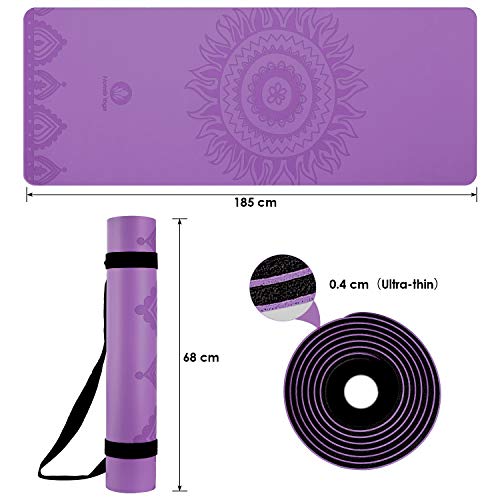 Homfa Esterilla de Yoga Antideslizante 2-in-1 de Tapete y Toalla Yoga Mat Sudor Absorbente Colchoneta de Gimnasia de PU y Caucho Natural con Double Capas 4.0 mm de Grosor 185 x 68 de Color Morado