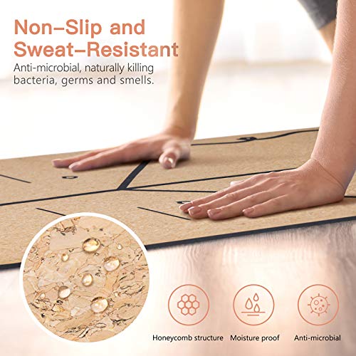 Homtiky Esterilla Yoga Antideslizante, Colchoneta Yoga de Corcho, Esterilla Deporte Hecha de Material Natural con Sistema de Línea, Yoga Mat de 183x65cm, 7mm con Cuerda de Transporte