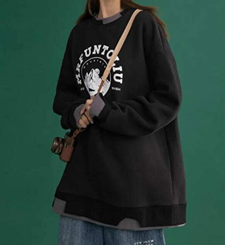 Hoodie Capucha Suéter Sudaderas con Capucha Holgadas con Estampado De Montañas Streetwear para Mujer, Sudadera Fina De Dos Piezas Falsas, Sudaderas para Mujer, Jerseys Femeninos-Black_L