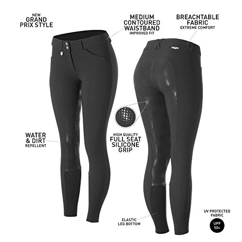 HORZE Pantalones de Montar Grand Prix para Mujer con Asiento Completo de Silicona para un Mejor Agarre, Cintura Media, Resistentes al Agua y la Suciedad, Todas Las Tallas, Negro, 40