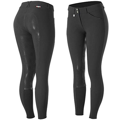 HORZE Pantalones de Montar Grand Prix para Mujer con Asiento Completo de Silicona para un Mejor Agarre, Cintura Media, Resistentes al Agua y la Suciedad, Todas Las Tallas, Negro, 40