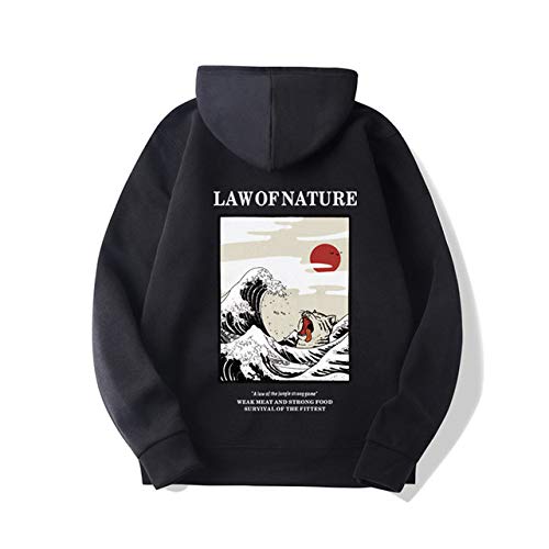 HOSD Funny Cat Wave Fleece Hoodies Estilo de Invierno Hip Hop Hombres/Mujeres Sudadera con Capucha Estampada Sudaderas con Estampado Informal Streetwear Negro L