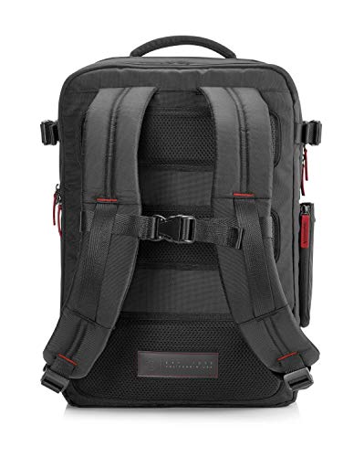 HP OMEN - Mochila para portátiles gaming de hasta 17.3" (bolsillos internos, malla ajustable, espalda acolchada), color negro y rojo