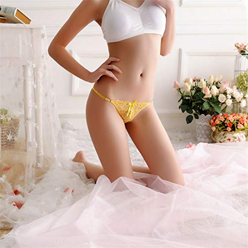 HTRUIYATY Tangas Mujer Sexy Encaje translúcido Ajustable Antideslizante Señoras Pajarita Cinta Tanga Bikini sin Costuras Lencería Clubwear-Amarillo