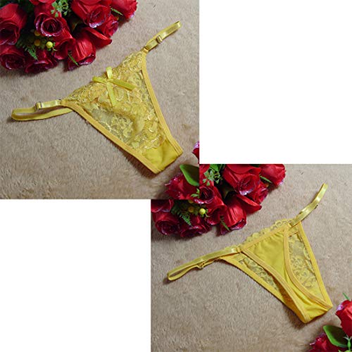 HTRUIYATY Tangas Mujer Sexy Encaje translúcido Ajustable Antideslizante Señoras Pajarita Cinta Tanga Bikini sin Costuras Lencería Clubwear-Amarillo