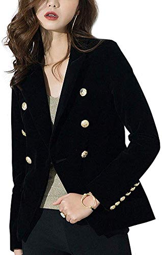Huaheng Mujer Terciopelo Blazer Delgado Manga Larga OL Trabajo Formal Traje Otoño Chaqueta - Negro, 2XL