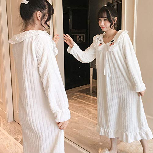 HUANSUN Camisones Mujer Invierno Franela Princesa Sólido Encaje Lazo Plus- Espesar Cálido Suave Suelto Casual Sweet Girls Sleepshirt Coral, MBN, 5602 Blanco, M