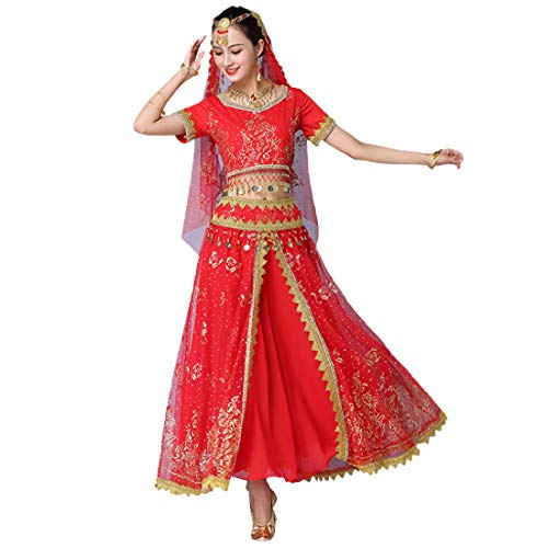 Huicai Mujeres Set de 4 Piezas India Baile Folclórico Lentejuelas Falda Larga Actuación Ropa Tops Faldas Disfraz Conjunto de Atuendo