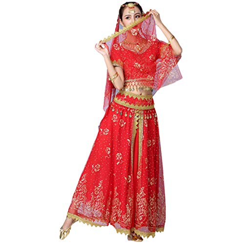 Huicai Mujeres Set de 4 Piezas India Baile Folclórico Lentejuelas Falda Larga Actuación Ropa Tops Faldas Disfraz Conjunto de Atuendo