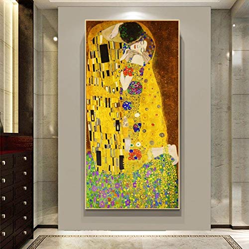 HYFBH Impresión en Lienzo Carteles artísticos Gustav Klimt El Beso Pinturas al óleo clásicas Arte Famoso Cuadro en Lienzo de Pared Decoración para el hogar 80x160cm (32x63in) Sin Marco