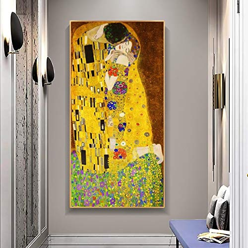 HYFBH Impresión en Lienzo Carteles artísticos Gustav Klimt El Beso Pinturas al óleo clásicas Arte Famoso Cuadro en Lienzo de Pared Decoración para el hogar 80x160cm (32x63in) Sin Marco