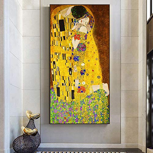 HYFBH Impresión en Lienzo Carteles artísticos Gustav Klimt El Beso Pinturas al óleo clásicas Arte Famoso Cuadro en Lienzo de Pared Decoración para el hogar 80x160cm (32x63in) Sin Marco