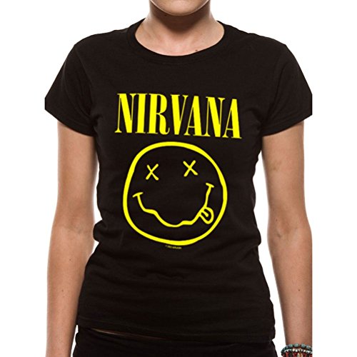 I-D-C CID Nirvana-Smiley with Back Print Camiseta, Negro, XXL para Mujer