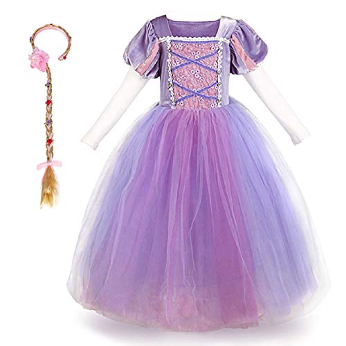 IBTOM CASTLE Disfraz infantil de princesa Rapunzel, largo, vestido de fiesta, cosplay, vestido de fiesta, carnaval, dama de honor, vestido de fiesta de cumpleaños, talla 98 – 140 Lila2pcs) 7-8 Años