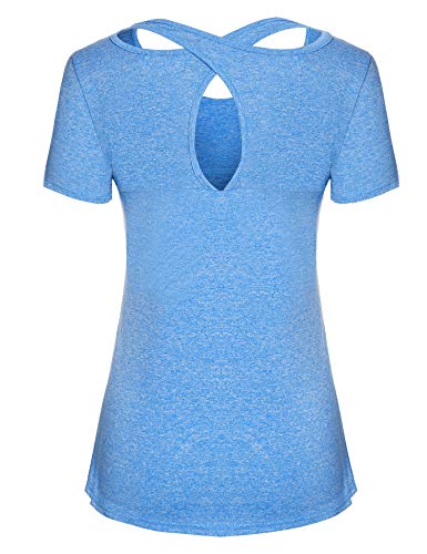 iClosam Camiseta de Manga Corta para Mujer Tops de Yoga Ropa Deportiva Correr Entrenamiento Camiseta Blusa túnica S-XXL (Azul 1, M)