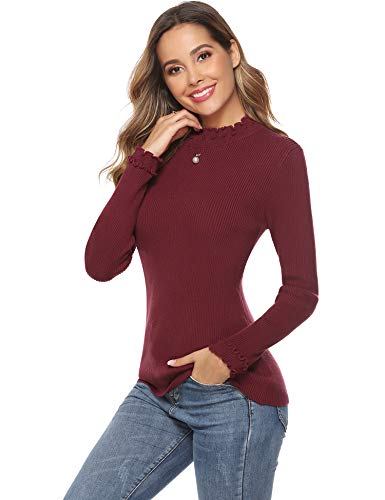 iClosam Camiseta Manga Larga Mujer Slim Fit Suelto Deportiva Casual Primavera Cuello Pullover Tops Elegantes Blusas Jersey Punto Suelto Top (Vino Tinto, XXL)