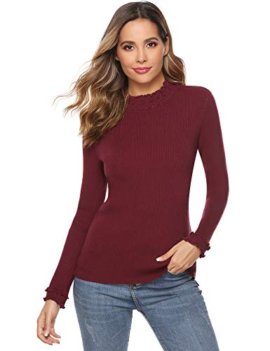 iClosam Camiseta Manga Larga Mujer Slim Fit Suelto Deportiva Casual Primavera Cuello Pullover Tops Elegantes Blusas Jersey Punto Suelto Top (Vino Tinto, XXL)